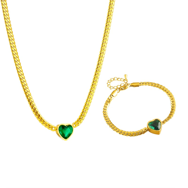 Conjunto de Colar com Pulseiras e Pingentes de Cristal Verde e Cristal Branco